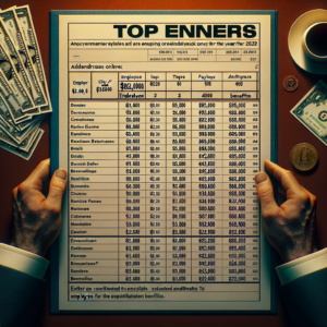 A detailed table listing the top 50 earners from the City of Superior, WI, for the year 2022. The table includes two columns: employee names (last name, first name) and their respective earnings for the year. The salaries range from approximately $82,000 to $130,000, showcasing a variety of roles and compensation levels within the city's payroll. The document emphasizes payroll figures only, excluding benefits, with an estimated additional $20,000 per employee for benefits, increasing the total compensation significantly. The data highlights the financial investment in the city's workforce and its impact on the overall budget.