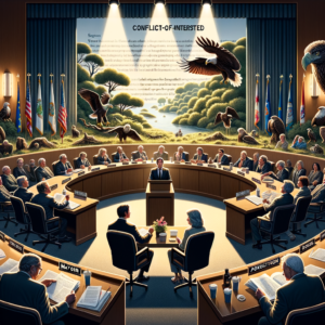 A digital illustration depicting a tense Superior City Council meeting. At the center, Mayor Jim Paine and Councilor Jenny Van Sickle sit close together, their expressions calm but resolute, symbolizing their united front amidst the controversy. Across the room, Councilor Craig Sutherland stands, holding a formal letter, gesturing pointedly as he raises his concerns. The room is filled with other councilors, some appearing neutral, others whispering among themselves, reflecting divided opinions. A backdrop of Wisconsin state legal text subtly overlays the scene, highlighting the conflict-of-interest statute at the heart of the debate. The atmosphere is a blend of professional tension and political drama. Around Paine, the surrounding trees are adorned with small “Protected” signs, symbolizing the proposed conservation status. Yet, in the distance, Uncle Fred’s property has more casual fencing, showing a different, less regulated look that hints at development. An eagle is perched nearby, representing the sanctuary’s intended purpose, watching over the scene. Overall, the image portrays a juxtaposition: the untouched wilderness contrasted with encroaching development, symbolizing the tension between public preservation and private interests.