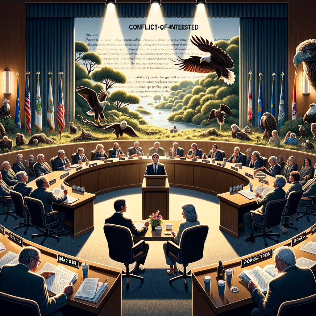 A digital illustration depicting a tense Superior City Council meeting. At the center, Mayor Jim Paine and Councilor Jenny Van Sickle sit close together, their expressions calm but resolute, symbolizing their united front amidst the controversy. Across the room, Councilor Craig Sutherland stands, holding a formal letter, gesturing pointedly as he raises his concerns. The room is filled with other councilors, some appearing neutral, others whispering among themselves, reflecting divided opinions. A backdrop of Wisconsin state legal text subtly overlays the scene, highlighting the conflict-of-interest statute at the heart of the debate. The atmosphere is a blend of professional tension and political drama. Around Paine, the surrounding trees are adorned with small “Protected” signs, symbolizing the proposed conservation status. Yet, in the distance, Uncle Fred’s property has more casual fencing, showing a different, less regulated look that hints at development. An eagle is perched nearby, representing the sanctuary’s intended purpose, watching over the scene. Overall, the image portrays a juxtaposition: the untouched wilderness contrasted with encroaching development, symbolizing the tension between public preservation and private interests.
