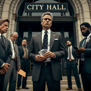 A dramatic scene unfolds outside Superior, Wisconsin's City Hall, with a sign reading "City Hall" over its arched entryway. Centered is Frog Prell, an experienced city attorney in his late 50s, standing firm with a weary yet resolute expression. Dressed in a dark suit, he clutches a legal binder in one hand and a deck of playing cards in the other, symbolizing his controversial proposal. To his left, Councilor Jenny Van Sickle, mid-30s with shoulder-length hair, stands defiant, holding a phone and gesturing passionately. Behind her is a faint image of her Twitter feed, where accusations like "lazy" and "manipulator" appear in blurred text. Standing at her side is Mayor Jim Paine, his arm protectively around her, gazing sternly at Prell. In the background, two council members, heads bowed and avoiding eye contact, symbolize silent leadership. Surrounding them, the shadows of the city’s taxpayers look on, blending into a darkening twilight sky, capturing the tension and discord amid Superior's City Hall drama.