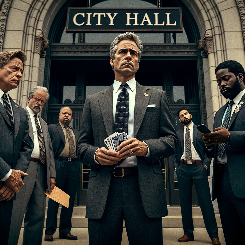 A dramatic scene unfolds outside Superior, Wisconsin's City Hall, with a sign reading "City Hall" over its arched entryway. Centered is Frog Prell, an experienced city attorney in his late 50s, standing firm with a weary yet resolute expression. Dressed in a dark suit, he clutches a legal binder in one hand and a deck of playing cards in the other, symbolizing his controversial proposal. To his left, Councilor Jenny Van Sickle, mid-30s with shoulder-length hair, stands defiant, holding a phone and gesturing passionately. Behind her is a faint image of her Twitter feed, where accusations like "lazy" and "manipulator" appear in blurred text. Standing at her side is Mayor Jim Paine, his arm protectively around her, gazing sternly at Prell. In the background, two council members, heads bowed and avoiding eye contact, symbolize silent leadership. Surrounding them, the shadows of the city’s taxpayers look on, blending into a darkening twilight sky, capturing the tension and discord amid Superior's City Hall drama.