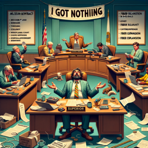 A humorous digital illustration depicting a chaotic city council meeting. The setting is a generic government chamber with mismatched furniture and scattered papers, emphasizing disorganization. At the center, a mayor in a disheveled suit leans back in a chair, shrugging, with a speech bubble reading, "I got nothing." Nearby, council members appear distracted: one is flipping through an empty notebook, another is staring at a laptop showing a game of solitaire. A stack of untouched budget books sits on a table labeled "2024 Goals." In the background, a bulletin board lists half-finished agendas like "Museum Contract: TBD" and "Fiber Expansion: Dig Holes?" Above the scene, a banner humorously reads, "Superior's Common Circus." The overall tone is comedic, highlighting the absurdity of the situation.