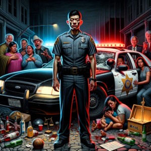 A powerful, gritty visual scene capturing the essence of systemic injustice. A police officer in uniform, his face shadowed and expression cold, stands beside a badly mangled car wreck under harsh streetlights. In the foreground, empty alcohol containers lie discarded, starkly contrasting the flashing red and blue police lights. Nearby, grieving family members cling to one another in anguish, holding a photo of a young father and infant. In the background, a judge’s bench looms, with scales of justice tipped grotesquely toward a pile of money marked “Bail $15,000.” The officer smirks slightly, a badge and pension papers visible in his hand, while a police chief offers a dismissive shrug, labeled with the words “stain on the badge.” Above the scene, a dark sky looms with the phrase “Justice is blind” etched in the clouds, half-erased by a seeing-eye dog with selective vision.