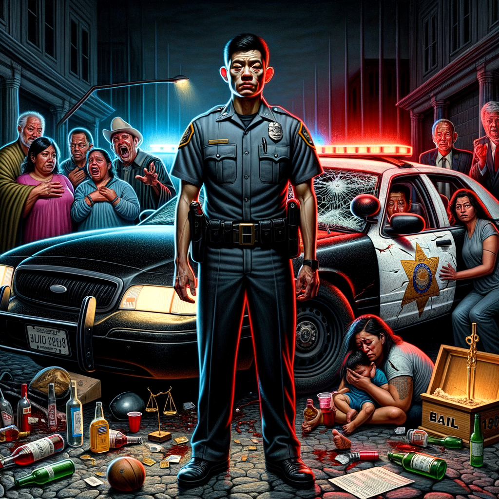 A powerful, gritty visual scene capturing the essence of systemic injustice. A police officer in uniform, his face shadowed and expression cold, stands beside a badly mangled car wreck under harsh streetlights. In the foreground, empty alcohol containers lie discarded, starkly contrasting the flashing red and blue police lights. Nearby, grieving family members cling to one another in anguish, holding a photo of a young father and infant. In the background, a judge’s bench looms, with scales of justice tipped grotesquely toward a pile of money marked “Bail $15,000.” The officer smirks slightly, a badge and pension papers visible in his hand, while a police chief offers a dismissive shrug, labeled with the words “stain on the badge.” Above the scene, a dark sky looms with the phrase “Justice is blind” etched in the clouds, half-erased by a seeing-eye dog with selective vision.