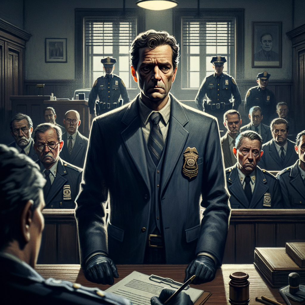 A somber, detailed image captures a courtroom scene in a small, dimly lit municipal building. Officer Kirk Michael Babic, middle-aged with a tired expression, stands at the defendant’s table, facing charges of felony theft. He is dressed in a formal civilian outfit, contrasting with the presence of uniformed officers observing the proceedings from behind. The courtroom is modest, with a wood-paneled interior and an air of subdued tension. At the prosecutor’s table sits District Attorney Kelly J. McKnight, his expression determined as he holds a file with evidence against Babic. In the background, a few citizens look on, their faces a mix of disappointment and curiosity. The atmosphere conveys the weight of repeated corruption scandals, as shadows and low lighting highlight the gravity of the proceedings and the tarnished reputation of local government.