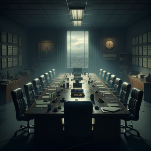 A somber, medium-sized conference room setting, with an empty chair at a long table featuring nameplates for “Superior’s Tourism Commission” members. The room has a slightly dim atmosphere, with soft, cool lighting casting shadows over empty folders and a stack of unreviewed documents at the end of the table. A clock on the wall reads "11:00," a subtle nod to urgency and time constraints. Near the table, a laptop is visible, with a paused virtual meeting screen showing blurred faces, symbolizing partial transparency. In the background, a window offers a view of a cloudy, small-town cityscape, alluding to the tight-knit, yet scrutinized environment in Superior. This image subtly communicates secrecy, missed transparency, and an urgent call for accountability.