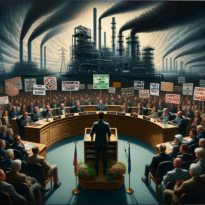 A visually striking depiction of a contentious city council meeting in Superior, Wisconsin, centered around the Nemadji Trail Energy Center (NTEC) controversy. The scene shows a tense, packed chamber with divided attendees—some holding signs supporting clean energy and others backing reliable power infrastructure. At the forefront, Mayor Jim Paine stands at a podium, his expression a mix of conviction and defensiveness, with stacks of documents labeled “Environmental Concerns” and “Family Land Deal” on a table nearby. Behind him, an abstract rendering of a natural gas plant looms in the background, emitting faint smoke trails that form question marks in the air. Corporate representatives and city council members sit on opposite sides of the room, exchanging sharp glances. The atmosphere is charged, reflecting a battle between environmental ideals, corporate interests, and political controversy.