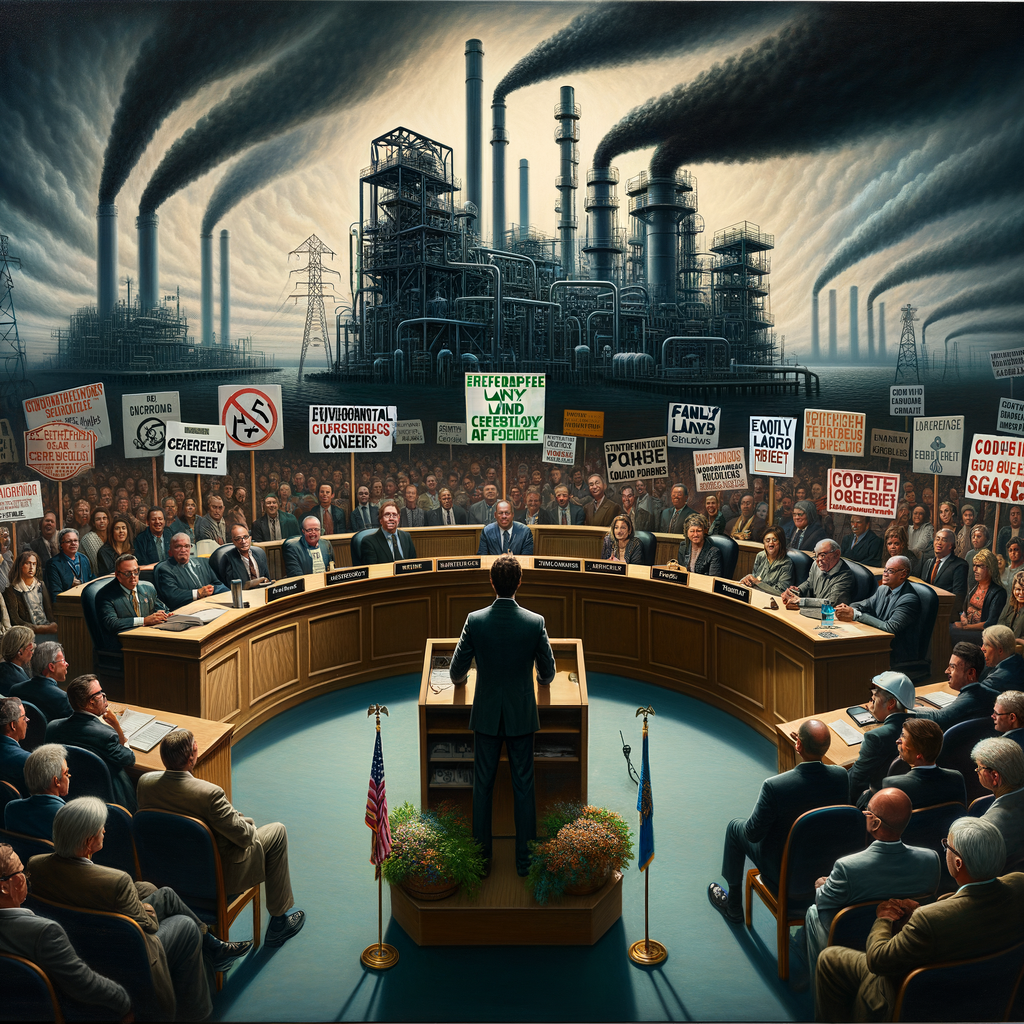 A visually striking depiction of a contentious city council meeting in Superior, Wisconsin, centered around the Nemadji Trail Energy Center (NTEC) controversy. The scene shows a tense, packed chamber with divided attendees—some holding signs supporting clean energy and others backing reliable power infrastructure. At the forefront, Mayor Jim Paine stands at a podium, his expression a mix of conviction and defensiveness, with stacks of documents labeled “Environmental Concerns” and “Family Land Deal” on a table nearby. Behind him, an abstract rendering of a natural gas plant looms in the background, emitting faint smoke trails that form question marks in the air. Corporate representatives and city council members sit on opposite sides of the room, exchanging sharp glances. The atmosphere is charged, reflecting a battle between environmental ideals, corporate interests, and political controversy.