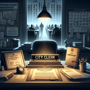 An image capturing the tense atmosphere of City Hall: in the foreground, a nameplate on an empty desk reads 'City Clerk Camila Ramos,' symbolizing her imminent departure. Nearby, a stack of papers and a file labeled 'Separation Agreement' rests under a desk lamp, casting a stark light. In the background, shadowy silhouettes of city leaders gather in quiet discussion, evoking a sense of secrecy and unresolved conflict. A subtle bulletin board features a calendar marked with 'June 24' and a notice about an upcoming election, representing the ongoing responsibilities Ramos leaves behind. The ambiance is somber, with muted tones and a spotlight on the desk, emphasizing the narrative of leadership transition and controversy. Around Paine, the surrounding trees are adorned with small “Protected” signs, symbolizing the proposed conservation status. Yet, in the distance, Uncle Fred’s property has more casual fencing, showing a different, less regulated look that hints at development. An eagle is perched nearby, representing the sanctuary’s intended purpose, watching over the scene. Overall, the image portrays a juxtaposition: the untouched wilderness contrasted with encroaching development, symbolizing the tension between public preservation and private interests.