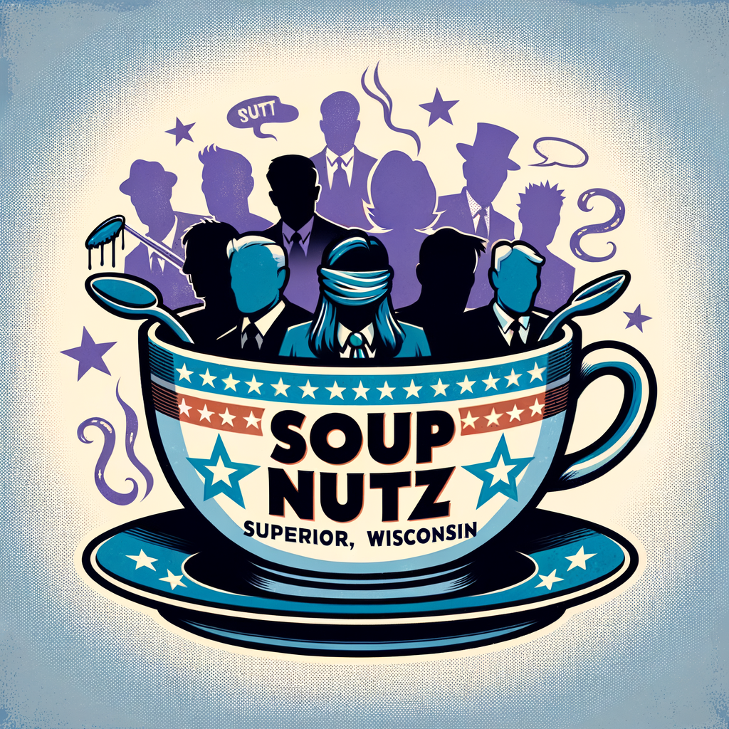 create a logo funny in nature for the website soupnutz that is a look at local politics in Superior WI that are sometimes a little shady