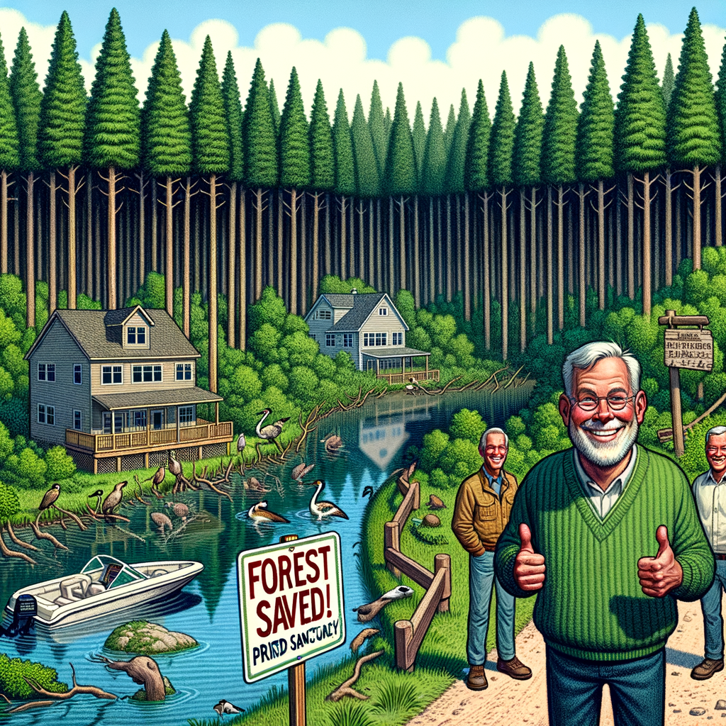 create an image that depicts a lush forest scene in Superior, Wisconsin, filled with tall, untouched trees and wildlife, symbolizing a protected natural area. In the foreground, Mayor Jim Paine stands with an exaggerated, welcoming smile, holding a sign that reads “Forest Saved!” Behind him, a hidden scene reveals a riverfront property owned by his family members, complete with houses, a paved driveway, and a large barge grounded in the river, humorously contrasting with the intended bird sanctuary. Uncle Fred and Cousin Freddy Jr. stand beside the property, giving thumbs up, while a faded “Bird Sanctuary” sign is visible, but crossed out. The satirical, cartoonish style emphasizes the irony of public land being used to address private family interests, hinting at the theme of “public good” versus “private favor.”