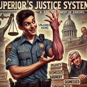 Illustration of a police officer in uniform showing an injured arm with a humorous expression.