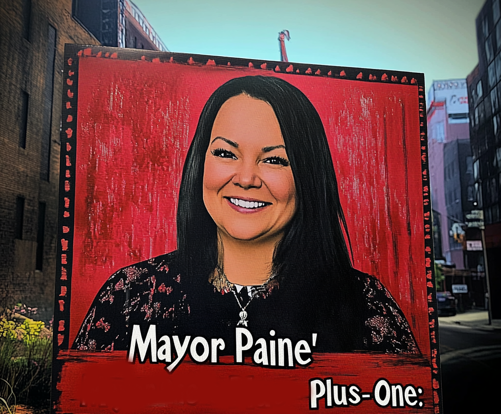 Portrait of Mayor Paine with a red background and the text 'Mayor Paine Plus-One:' at the bottom.