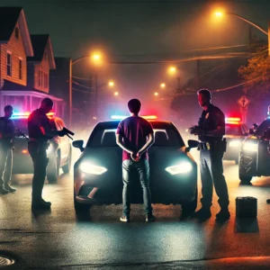 Police officers surrounding a person with hands behind their back near a car on a dimly lit street.