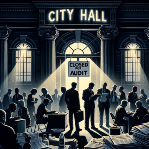 The image depicts a somber city hall in Superior, Wisconsin, illuminated by a single streetlight casting shadows over its entrance, hinting at the ongoing investigations. A "closed for audit" sign hangs prominently on the doors. Inside, glimpses of officials are visible in silhouette, gathered around a table laden with files and paperwork, exuding tension and urgency. A stern-faced mayor addresses a small assembly of anxious city employees and police officers. Faint details of headlines, like "Embezzlement Scandal" and "Audit Results Pending," peek from crumpled newspapers scattered near the entrance. The overall scene is dimly lit and evokes a mood of secrecy and unresolved tension, underscoring the weight of past misdeeds and the pressing need for accountability.