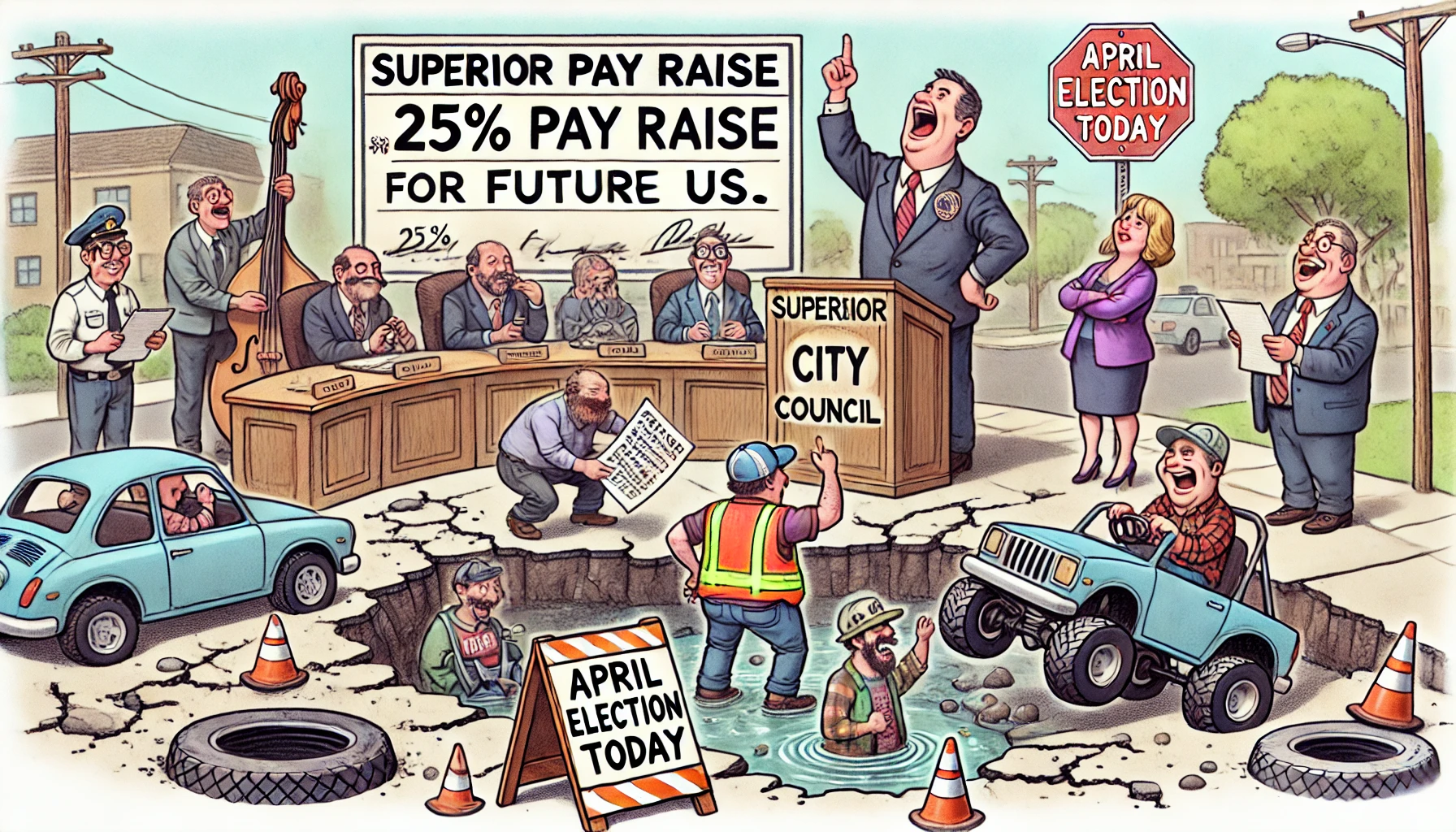 Illustration of a city council meeting discussing a 25% pay raise proposal with various characters and elements.