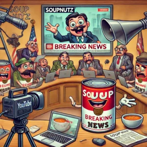 Cartoon scene depicting a news meeting with animated soup cans and reporters in a conference room.