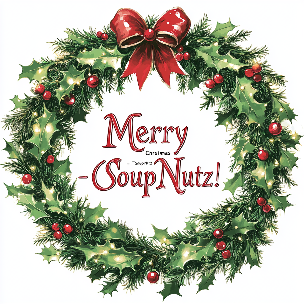 Christmas wreath featuring holly, berries, and a red bow with 'Merry SoupNutz' text in the center.