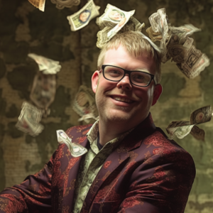 A man wearing glasses and a patterned suit with money floating around him in the air.