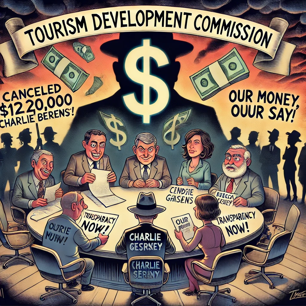 Illustration of a Tourism Development Commission meeting with a dollar sign and various characters discussing funds.