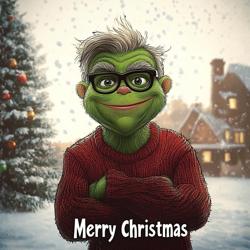 Cartoon character with green skin, glasses, and a red sweater, with a Christmas greeting.