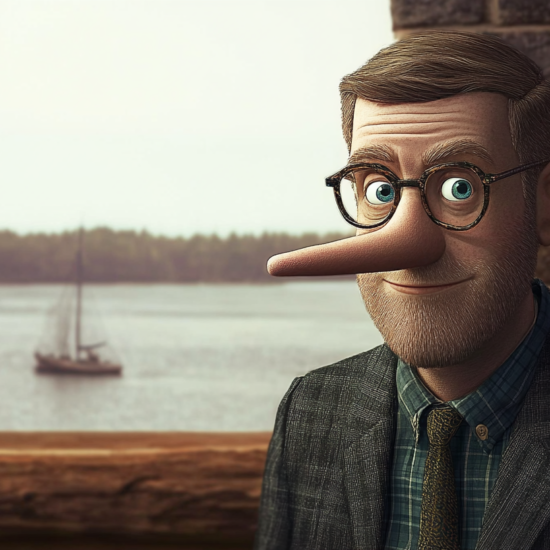 A cartoon character with a large nose and glasses, wearing a suit and tie, standing by a body of water.