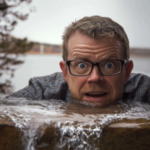 A man with glasses leaning over a water surface, showing a surprised expression.