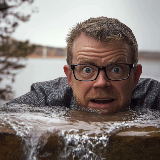 A man with glasses leaning over a water surface, showing a surprised expression.