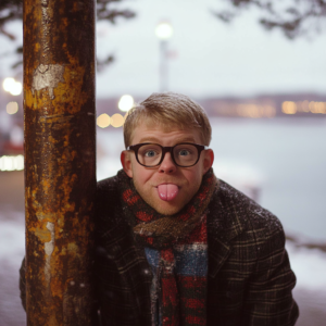 Individual with glasses sticking out tongue while leaning against a rusty pole outdoors.
