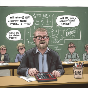 A man with glasses and a calculator in front of a classroom blackboard filled with mathematical equations.