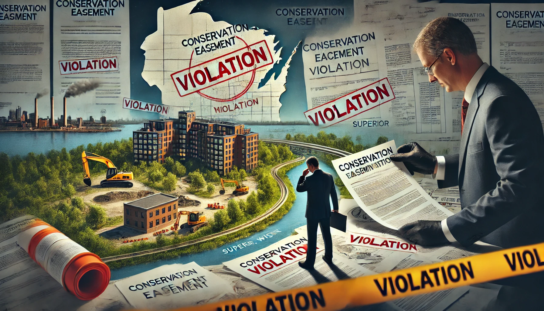 Illustration depicting a conservation violation with documents and a map in the background.