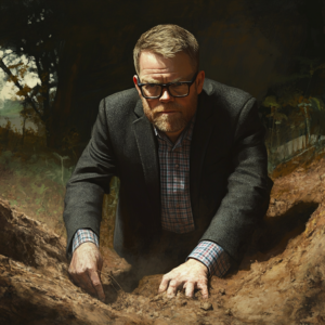 A man in a suit and glasses digging into the ground with a serious expression.