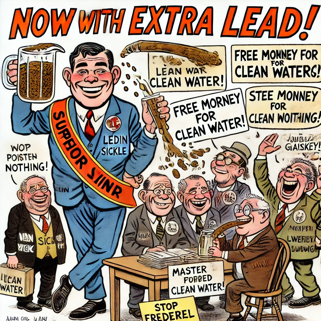 Political cartoon depicting a candidate promoting clean water with exaggerated slogans and characters.