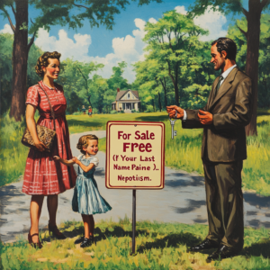 A vintage illustration featuring a family with a for sale sign that reads 'For Sale Free (If Your Last Name is Paine)'.