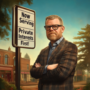 Man with glasses and a beard standing next to a sign that reads 'Now Serving Private Interests First'.