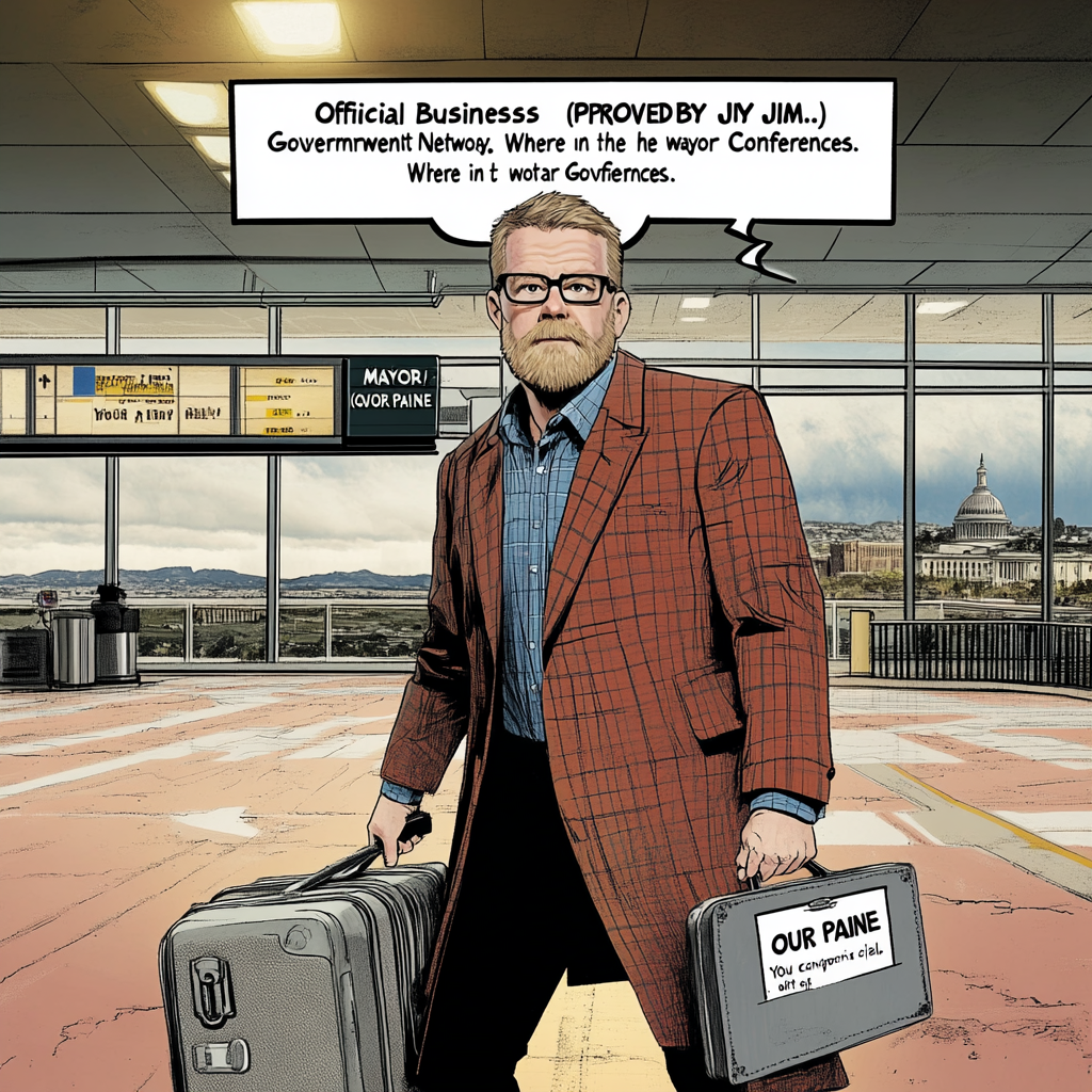 A man in a brown coat holding a suitcase and a briefcase in an airport terminal.