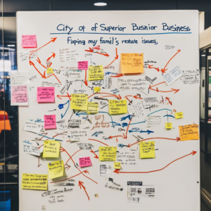 Whiteboard filled with colorful sticky notes and handwritten notes about business issues.
