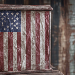 Wooden storage box featuring a distressed American flag design on its front.