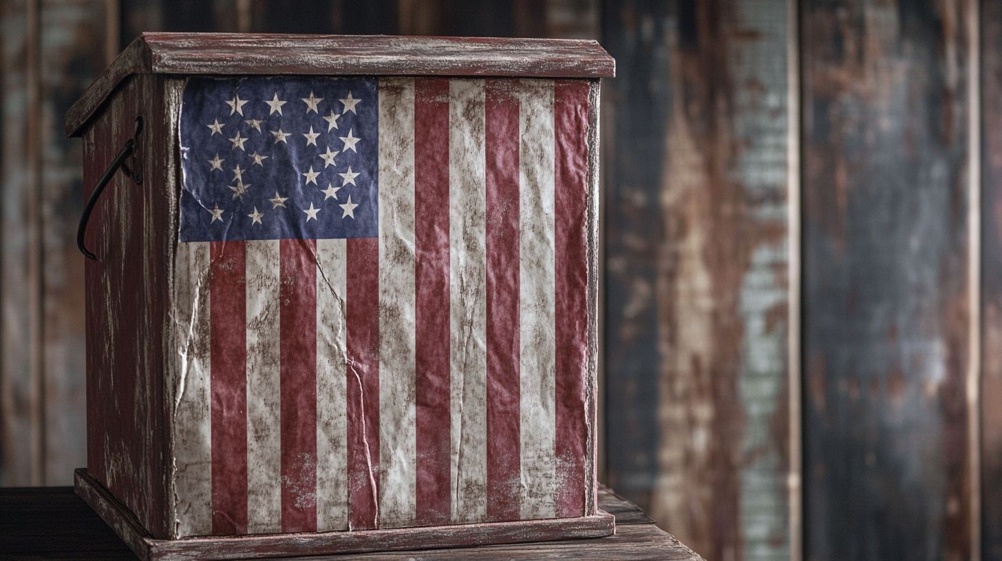 Wooden storage box featuring a distressed American flag design on its front.