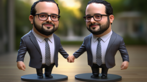Two bobblehead figurines of men in gray suits holding hands, each with glasses and beards.