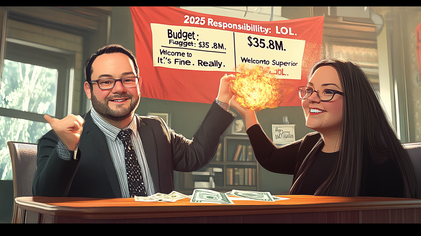 Two individuals discussing fiscal responsibility with budget figures displayed on a banner in the background.