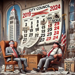 Illustration of two city council members sitting in an office with a calendar and documents scattered around.