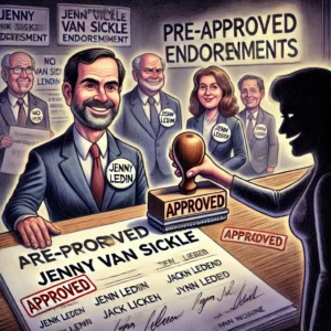 Illustration depicting a man receiving an endorsement approval stamp with multiple endorsement documents in the background.