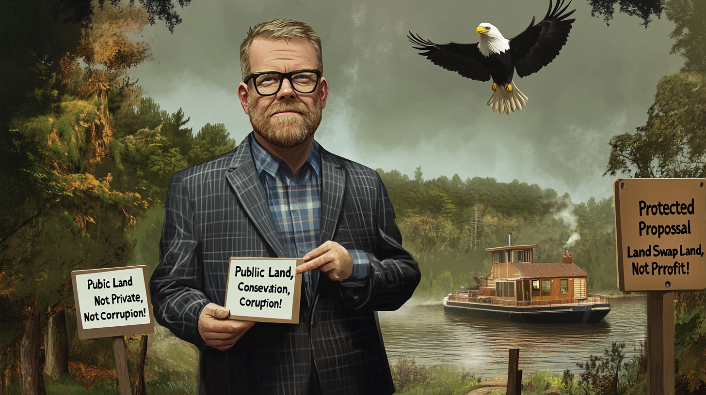 Man in a suit holding signs that read 'Public Land, Not Private, Not Corruption!' with a boat and eagle in the background.