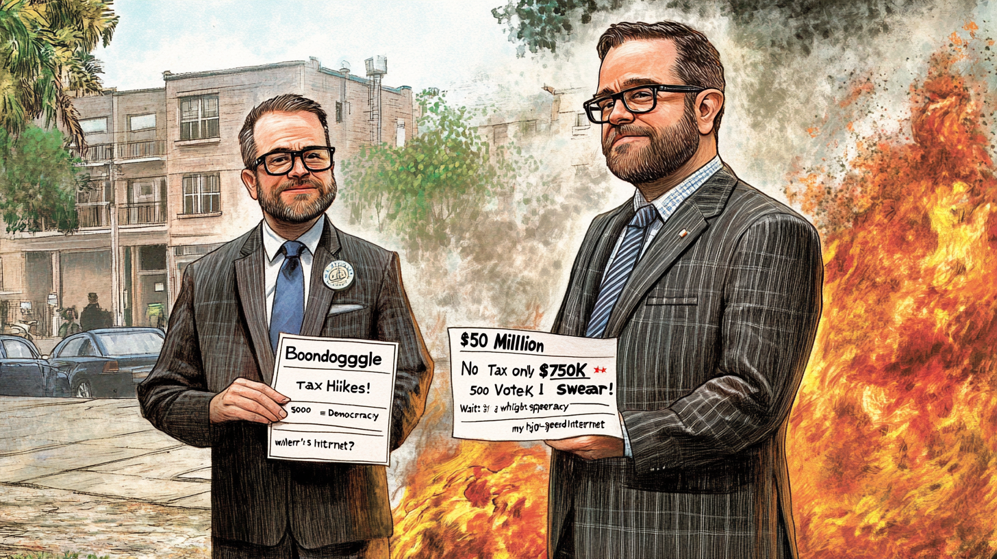 Two men in suits holding signs with text about tax hikes and funding, with a fiery background.