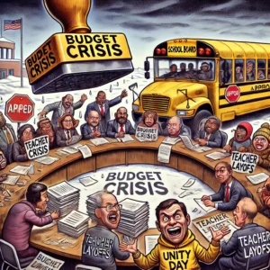 Cartoon depiction of a school board meeting addressing a budget crisis with a yellow school bus in the background.