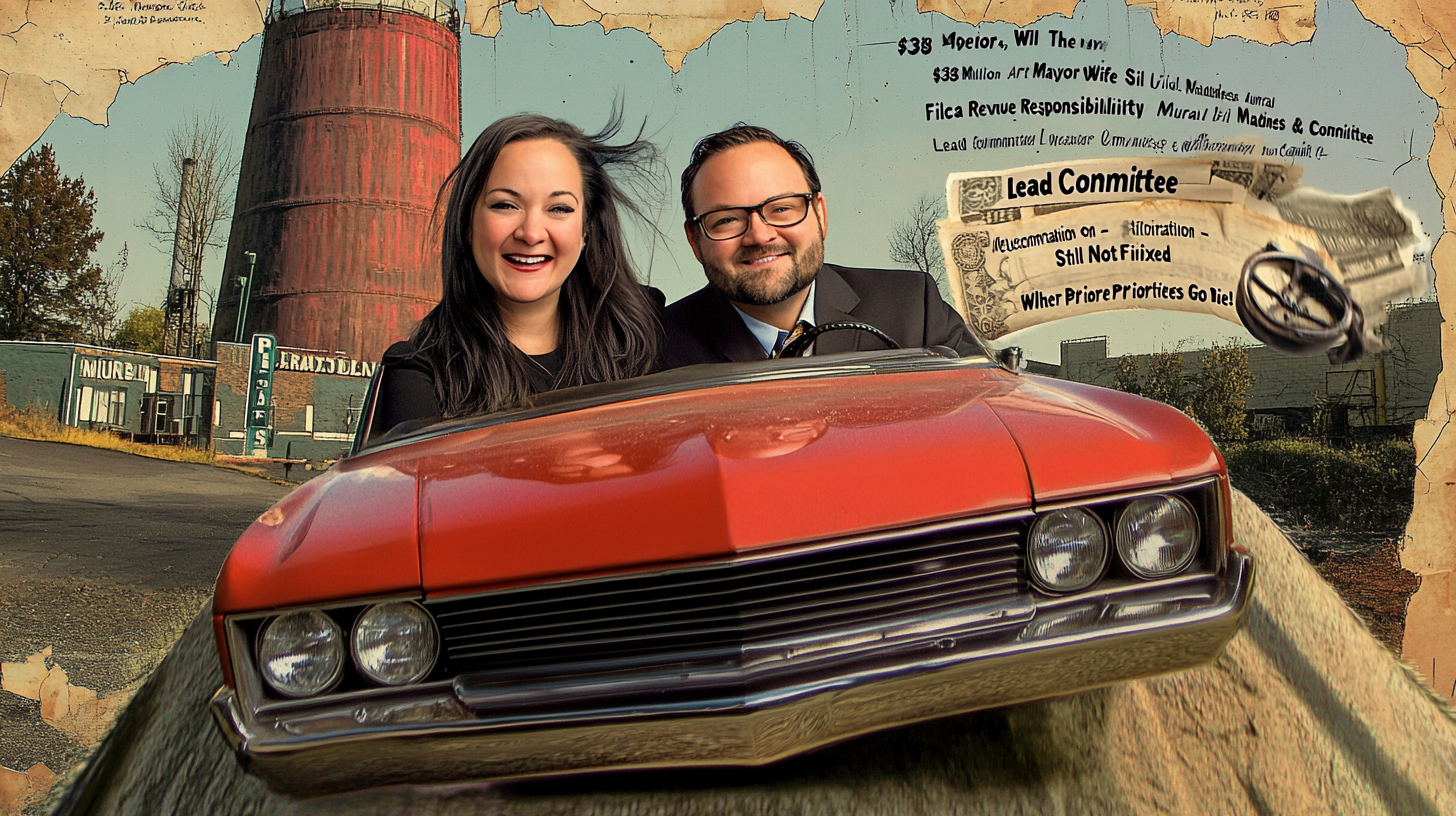 Two individuals sitting in a red classic car with a vintage background featuring a water tower.