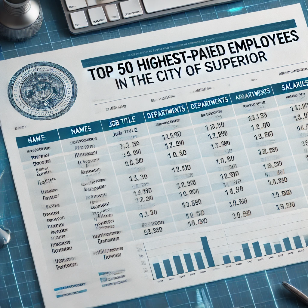 Document listing the top 50 highest-paid employees in the city of Superior with job titles and salaries.