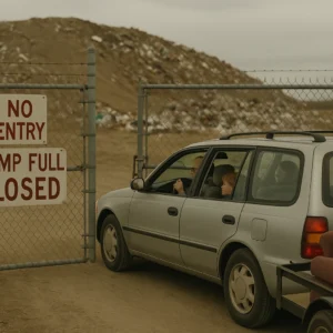 Silver car stopped at a gated entrance with a sign stating 'No Entry, Dump Full, Closed'.