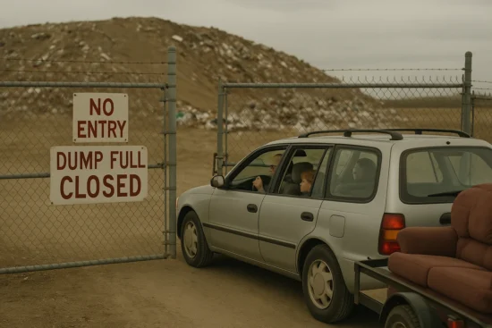 Silver car stopped at a gated entrance with a sign stating 'No Entry, Dump Full, Closed'.